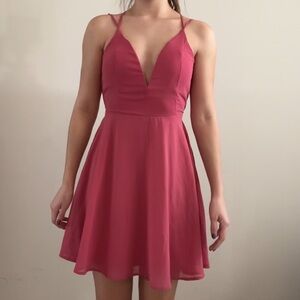 Plunge Neck Cross Strap A-Line Dress in Rose